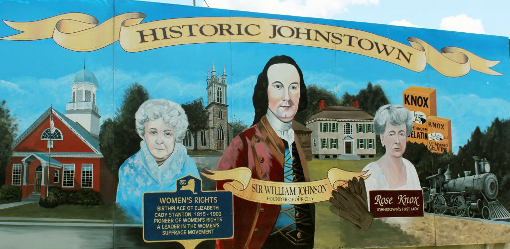 Community Art Mural featuring Sir William Johnson, Elizabeth Cady Stanton, Rose Knox, Johnstown Court House, St. John’s Church and a steam locomotive