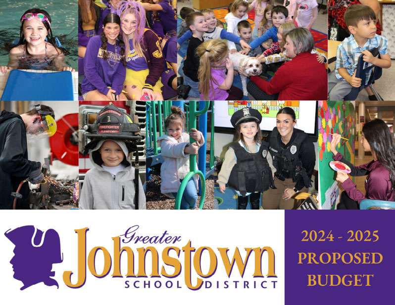 Cover of the 2024-25 budget book displaying a collage of children engaged in swimming, petting a therapy dog, learning in the classroom, playing on the playground and producing art.