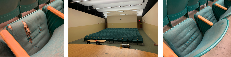 inside Jr-Sr High School auditorium and old ripped up used chairs