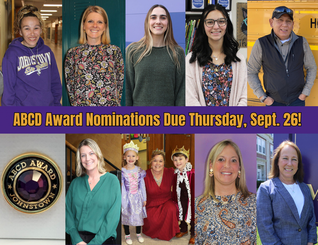 a montage of teachers posing and smiling for the camera, with text that reads "ABCD Award Nominations Due Thursday, Sept. 26"