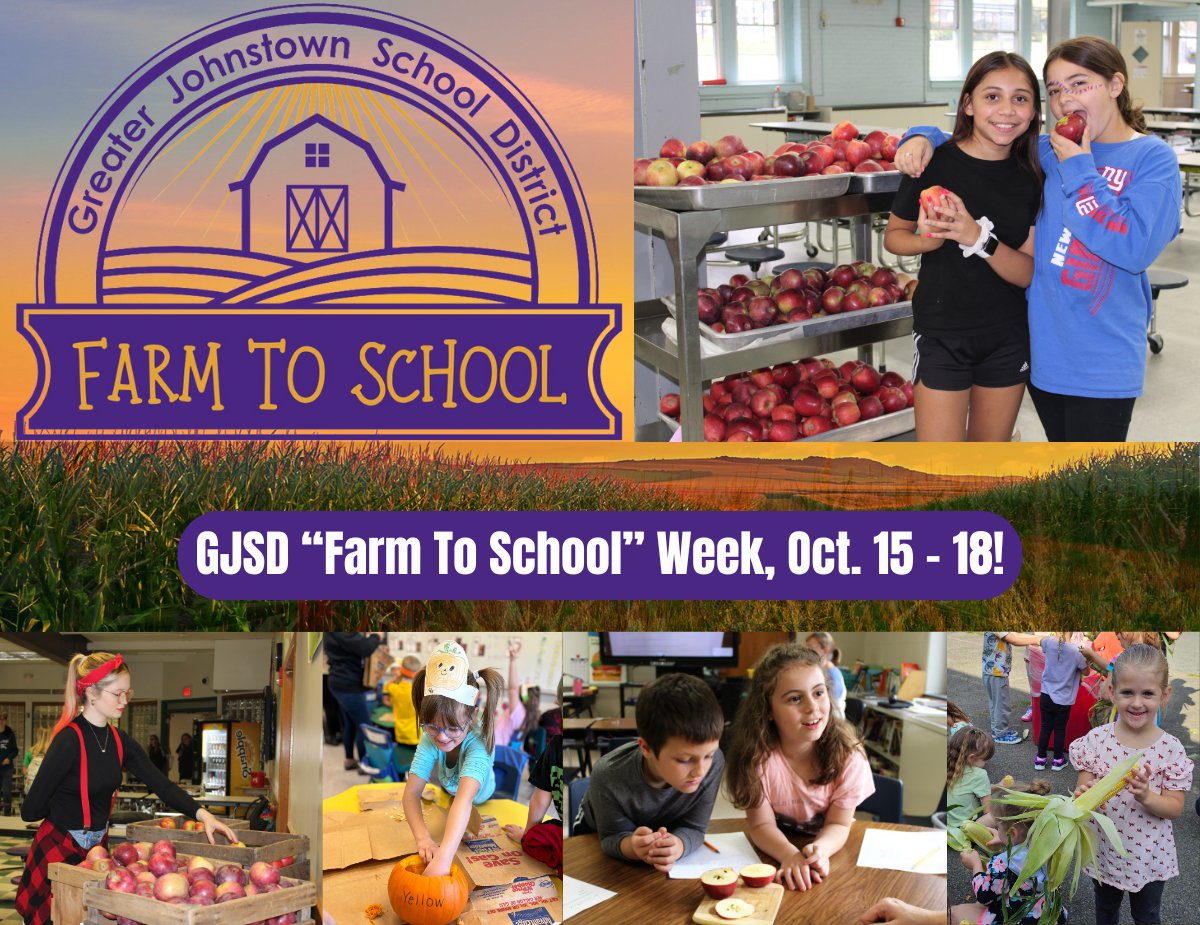 a graphic shows students eating fresh food from a farm, with the text, "GJSD Farm To School Week Oct. 15-18"