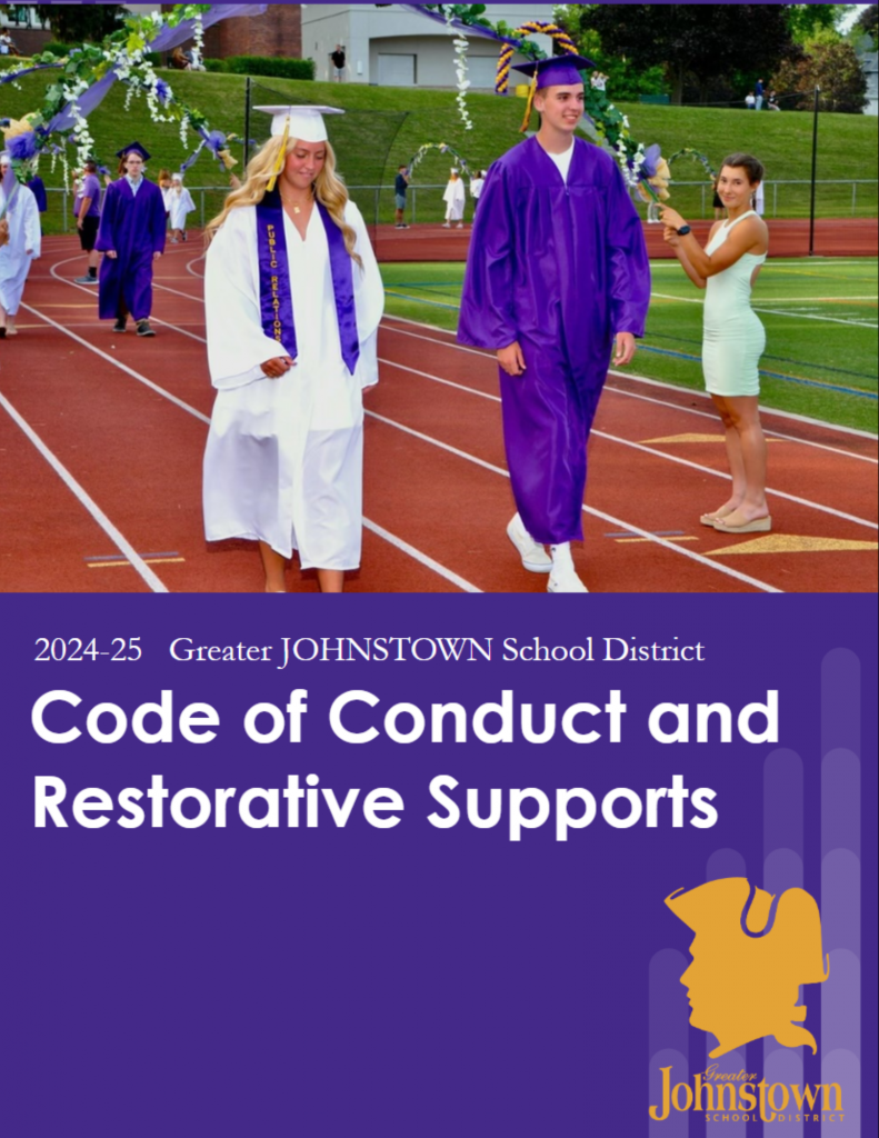 a male and female graduate wearing purple and white walk on a track, with text below reading "Code of Conduct and Restorative Supports."