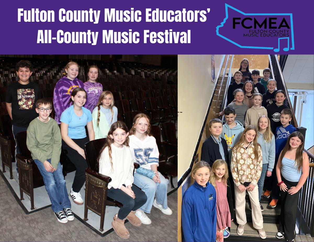 music students pose on a set of stairs and in an auditorium