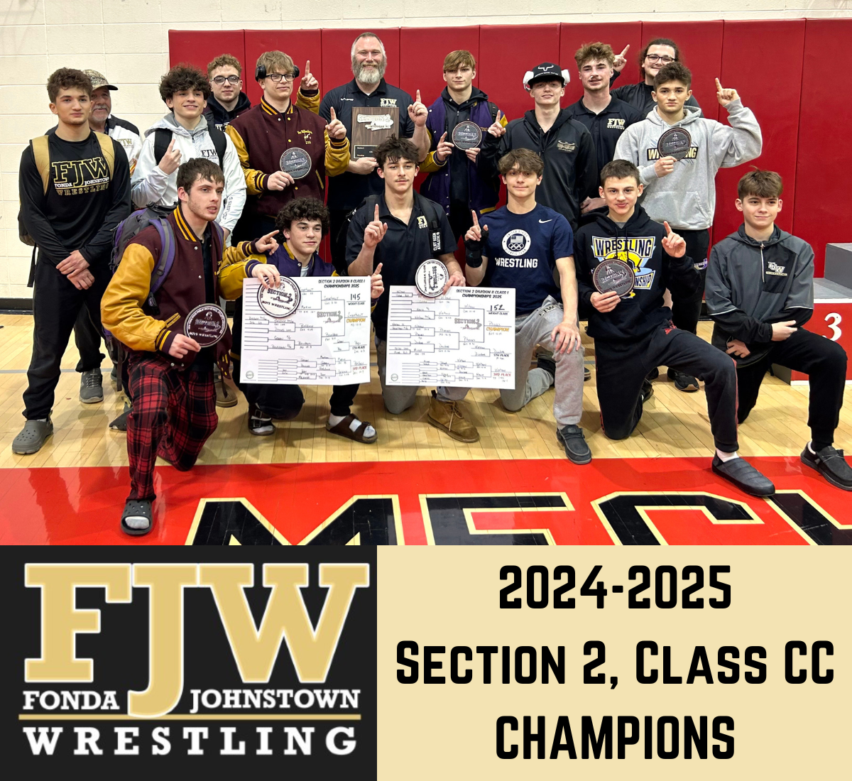 a wrestling team poses in a gymnasium holding patches and trophys; text reads "2024-2025 Section 2, Class CC Champions"