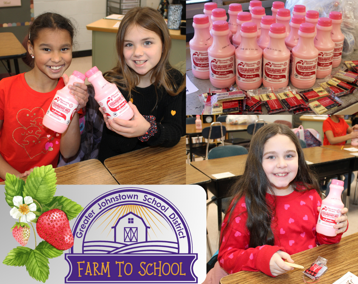 young girls pose with bottles of strawberry milk; bottles of milk are  on display