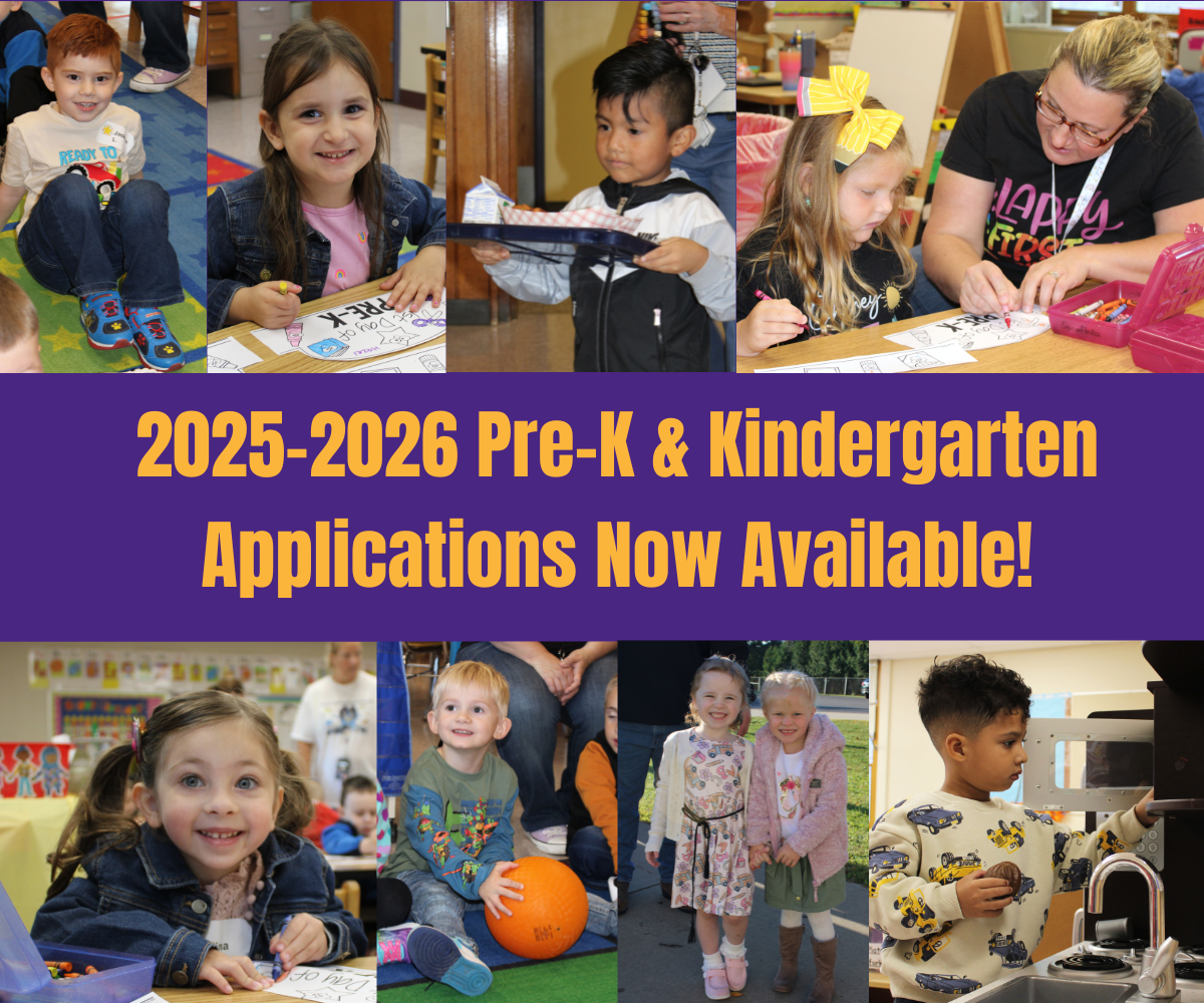 a montage of school aged children doing various school activities, with text that reads "2025-2026 Pre-K and Kindergarten Applications Now Available!"