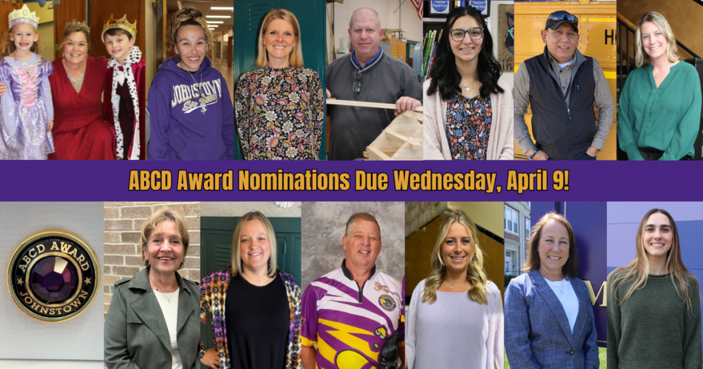 A montage of pictures of adult teachers, with the text "ABCD Award Nominations Due Wednesday, April 9!"